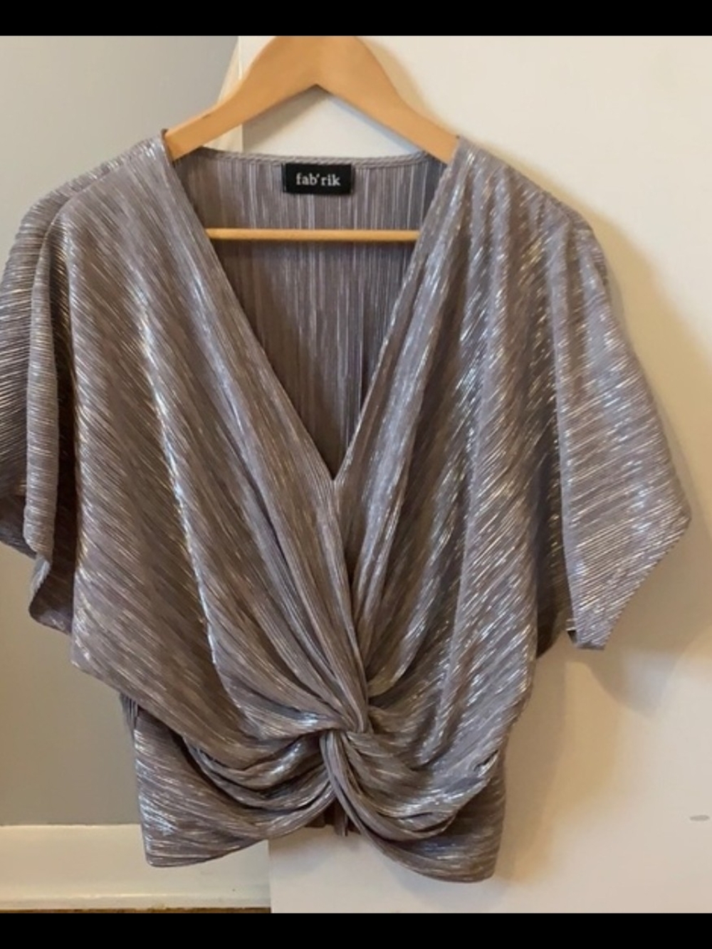fab'rik Metallic Silver Twist-Front V-Neck Blouse